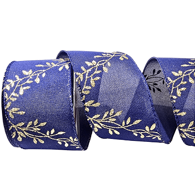 Fita Aramada de Natal Linho Azul com Estampa de Ramos Glitter Chá 6,3cmx9,14m - Ref 3104315 CromuS