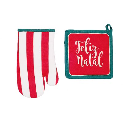 Kit Luva e Pegador Feliz Natal Listras Vermelho, Branco e Verde com 2 Un - Ref 1921389 Cromus