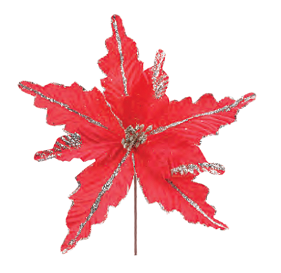 Flor de Natal Poisentia de Veludo Vermelho com Glitter Champanhe 26cm - Ref 1101642 Cromus