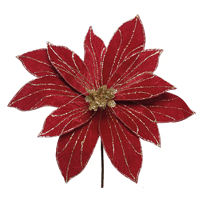 Flor de Natal Poisentia de Veludo com Detalhes Glitter Dourado 32cm - Ref 3122289 Cromus