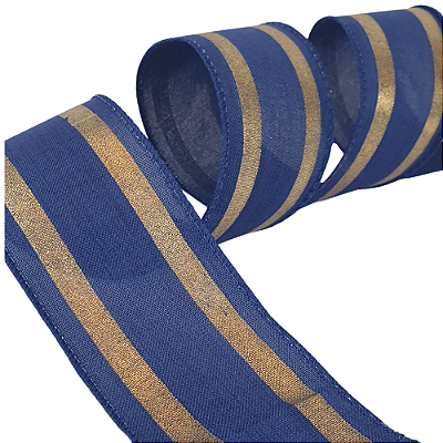 Fita Aramada Azul com Dupla Listra Dourada 6,3x914cm - Ref 1069906 Cromus
