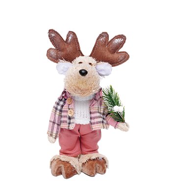 Mini Rena de Palha Italiana em Pé com Roupa Rosa e Marrom 25cm - Ref 1025458 Cromus