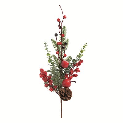 Galho de Natal Azevinhos, Folhas e Galhos Verdes, Pinha e Maça 47cm - Ref 1087443 Cromus