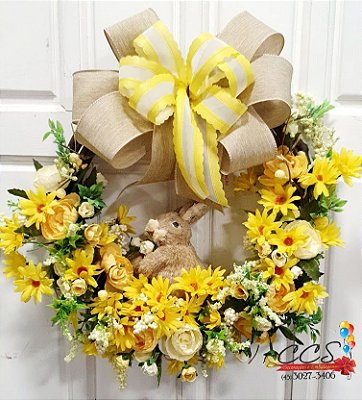 Guirlanda de Páscoa Amarela com flores e Coelho
