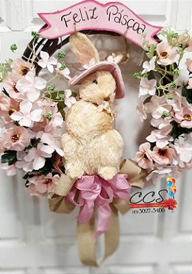 Guirlanda de Páscoa Rustica com Coelha de Chapéu e flores