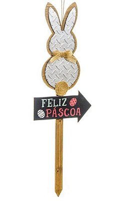Placa Decorativa de Jardim Coelho Pompom Feliz Páscoa 91cm Cromus (Giz de Cera)