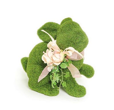 Coelho em Pé Verde Rustico com Musgos e Flor no Pescoço - P - Linha Rustic Cromus