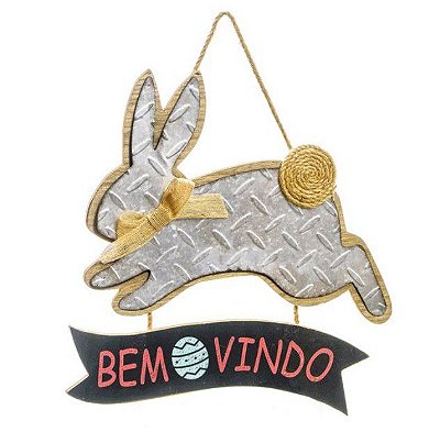 Placa Decorativa Coelho com Pompom de Juta Bem Vindo 36cm - 01 unidade - Cromus