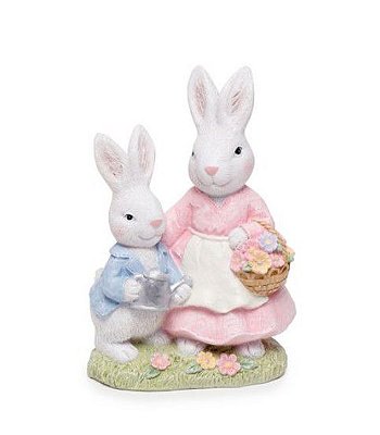 Casal de Coelhos de Páscoa de Resina Mae e Filho P 15x10x15cm Cromus