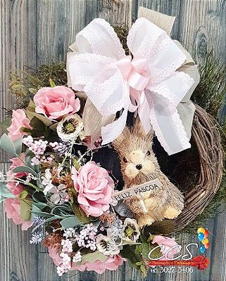 Guirlanda de Páscoa Com Coelho de Palha e Flores Cromus
