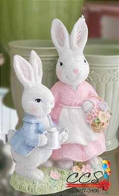 Casal de Coelhos de Páscoa de Resina Mae e Filho G 25x10x15cm Cromus