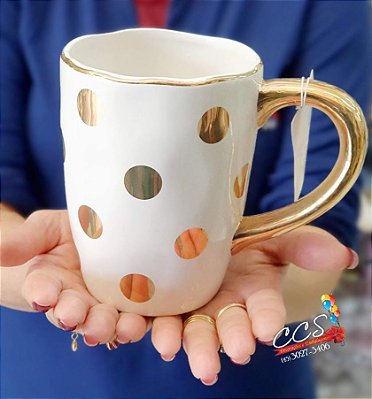 Caneca de Cerâmica 680ml Branca com Poá Dourado Cromus 1820127