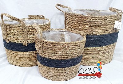 Kit de Cestas de Palha com 3 unidades (Bege Preto) 34X34X30cm 68666001 D&A