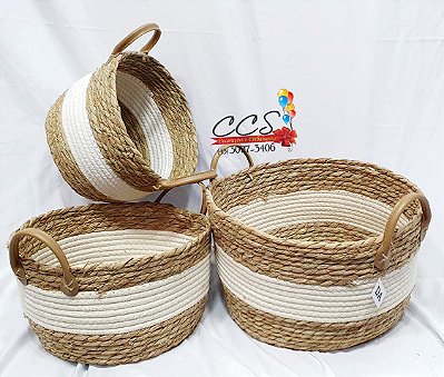 Kit Cestas de Palha Natural com Branco - 3 Unidades 35X28cm 69126001 D&A