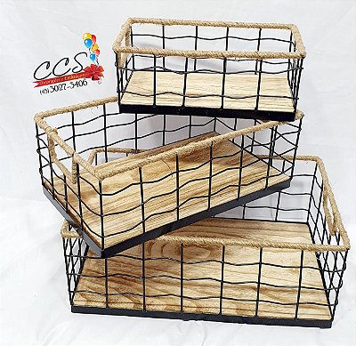Kit Decorativo de Bandejas Preta com Madeira e Sisal 39X25,5X15cm 68660001 D&A