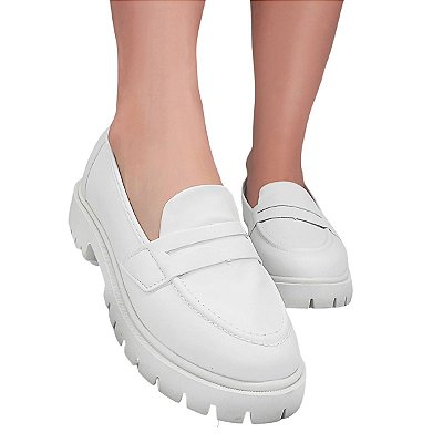 Sapato Feminino Mocassim Tratorado Leve Conforto Off-white