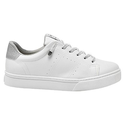 Tênis Feminino Via Marte Cadarço Prata Calce Fácil Confortável Sapatênis Branco