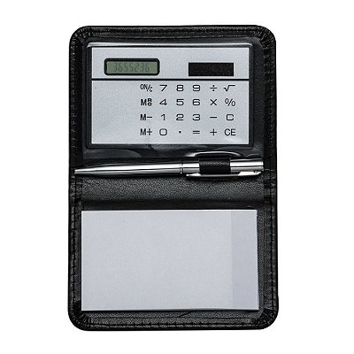 Calculadora com bloco de anotações couro sintético  suporte plástico. Código: SK7559