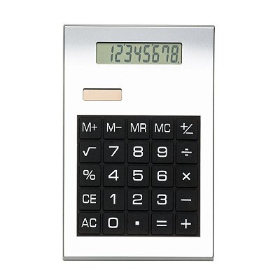Calculadora plástica prata de 8 dígitos com detalhes preto. Código SK 2732