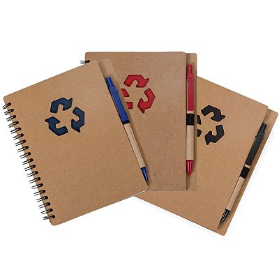 Bloco de anotações ecológico com caneta. Capa com símbolo reciclado.Código: SK 12242 
