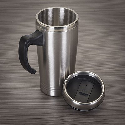 Caneca inox de 450ml, pegador de plástico e parte interna em inox. Código: SK 5828