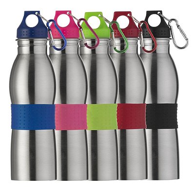 Squeeze de inox 600ml com detalhes coloridos e emborrachado  Mosquetão. Código SK 8529