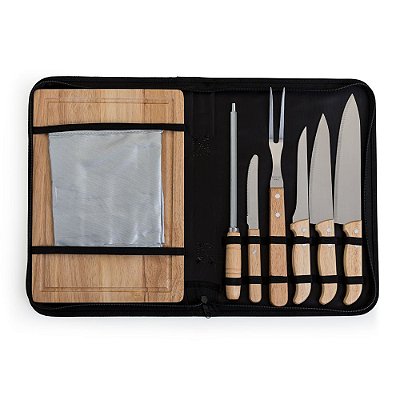 Kit para Churrasco cabo em Bambu, laminas em aço Inox. Código SK 12089