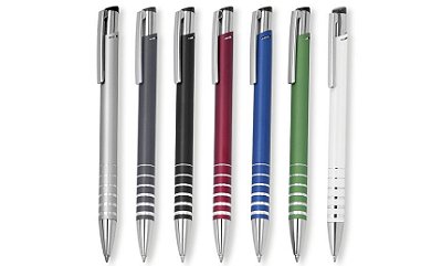 Caneta esferográfica retrátil de metal escrita em azul. Cód. SKCM1028