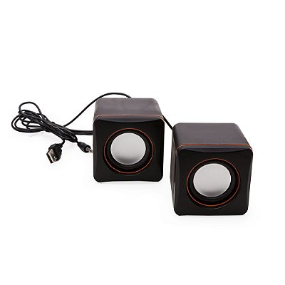 Caixa de som plástica resistente preto com detalhes laranja. Cód. SK12148