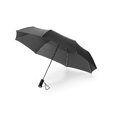 Guarda-chuva dobrável. Poliéster. Dobrável em 3 seções. Com lanterna na pega (pilhas inclusas). Cód.SPCG39000