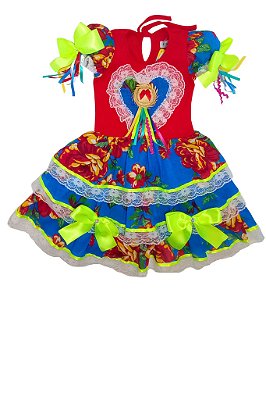 Vestido Festa Junina Doce de Maçã - Vermelho e Azul - TAMANHO 4