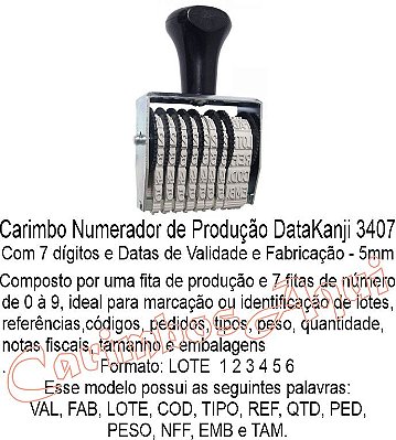 Numerador de Produção manual 6 Digitos (3406) Formato VAL / FAB / LOTE 123456