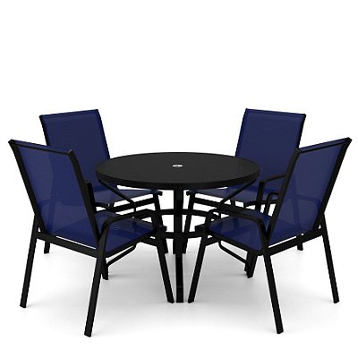 Conjunto de 4 Cadeiras Ibiza Alumínio Preto Tela Azul