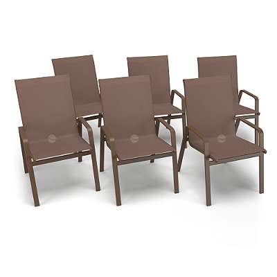 Kit 6 Cadeira Riviera Piscina Alumínio Marrom Tela Marrom