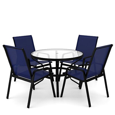 Conjunto de 4 Cadeiras Juquey Alumínio Preto Tela Azul
