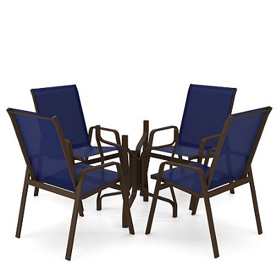 Conjunto de 4 Cadeiras S/ Vidro Alumínio Marrom Tela Azul