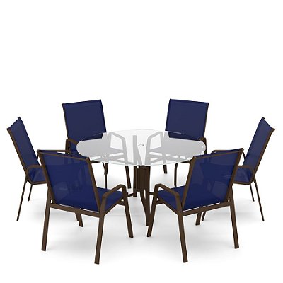 Conjunto de 6 Cadeiras Alumínio Marrom Tela Azul