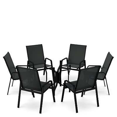 Conjunto de 6 Cadeiras S/ Vidro Alumínio Preto Tela Preto