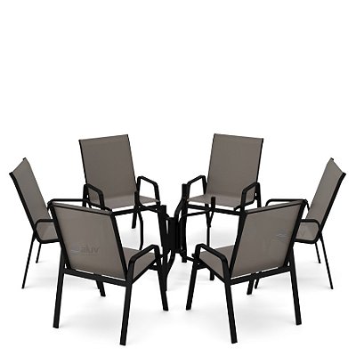 Conjunto de 6 Cadeiras S/ Vidro Alumínio Preto Tela Fendi