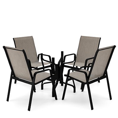 Conjunto de 4 Cadeiras S/ Vidro Alumínio Preto Tela Mocca