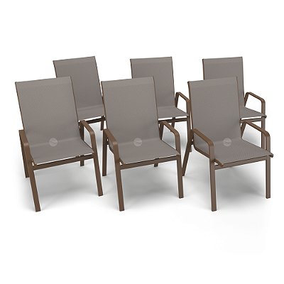 Kit 6 Cadeira Riviera Piscina Alumínio Marrom Tela Fendi