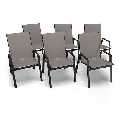 Kit 6 Cadeira Riviera Piscina Alumínio Preto Tela Fendi