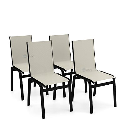 Kit 4 Cadeira Jantar Gourmet Alumínio Preto Tela Bege