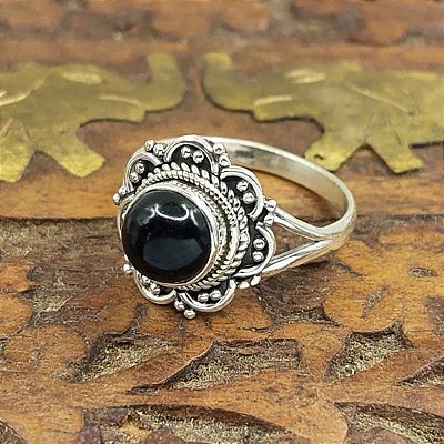 Anel de prata 925 feminino Indiano Mandala e pedra Ônix - O001