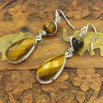 Brinco de Prata 925 com Olho de Tigre - Filigrana