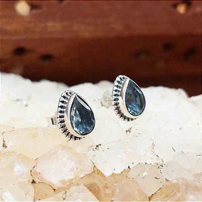 Brinco indiano Prata 925 e Topázio Azul Gota Lapidada