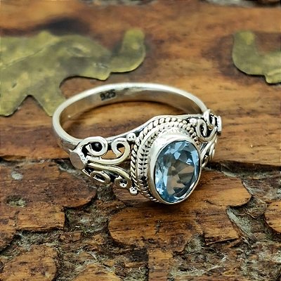 Anel Prata 925 Topázio Azul Lapidado - T011