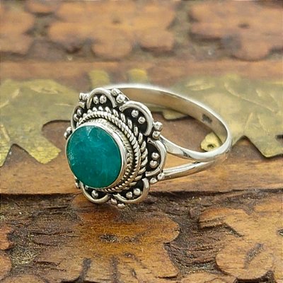 Anel de Prata 925 Indiano e Esmeralda Feito à Mão - Mandala - E003