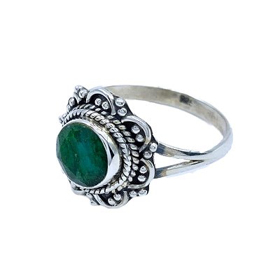 Anel de Prata 925 Indiano e Esmeralda Feito à Mão - Mandala - E003