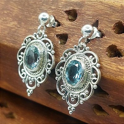 Brinco Prata 925 - Indiano - Topázio Azul - Lançamento